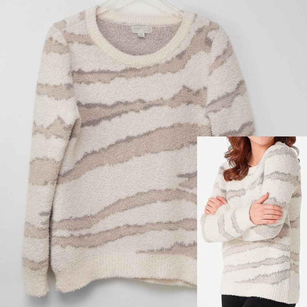 Barefoot Dreams Sweater Seaside Crewneck Pullover Comfy Zebra Cream Tan Size Med